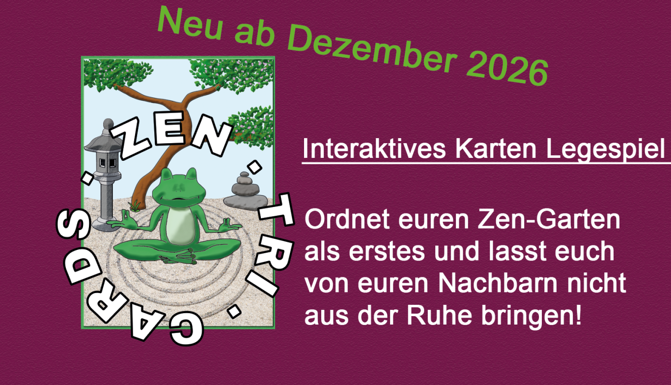 Ankündigung Zen-Tri-Cards Das Cover von Zen-Tri-Cards und daneben eine Beschreibung des Spielinhalts