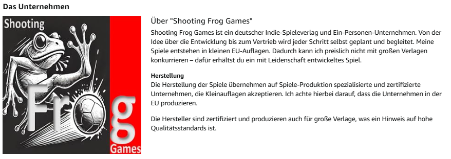Amazon Markenbeschreibung von Shooting Frog Games, EU Produktion, Kleinauflagen